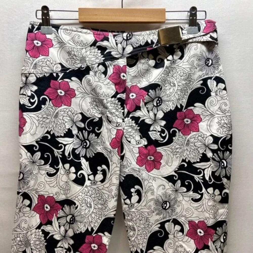 Mixit Capri Pants‎ Wonen's 10 White Black Pink Floral Belted Stretch Fashion EUC